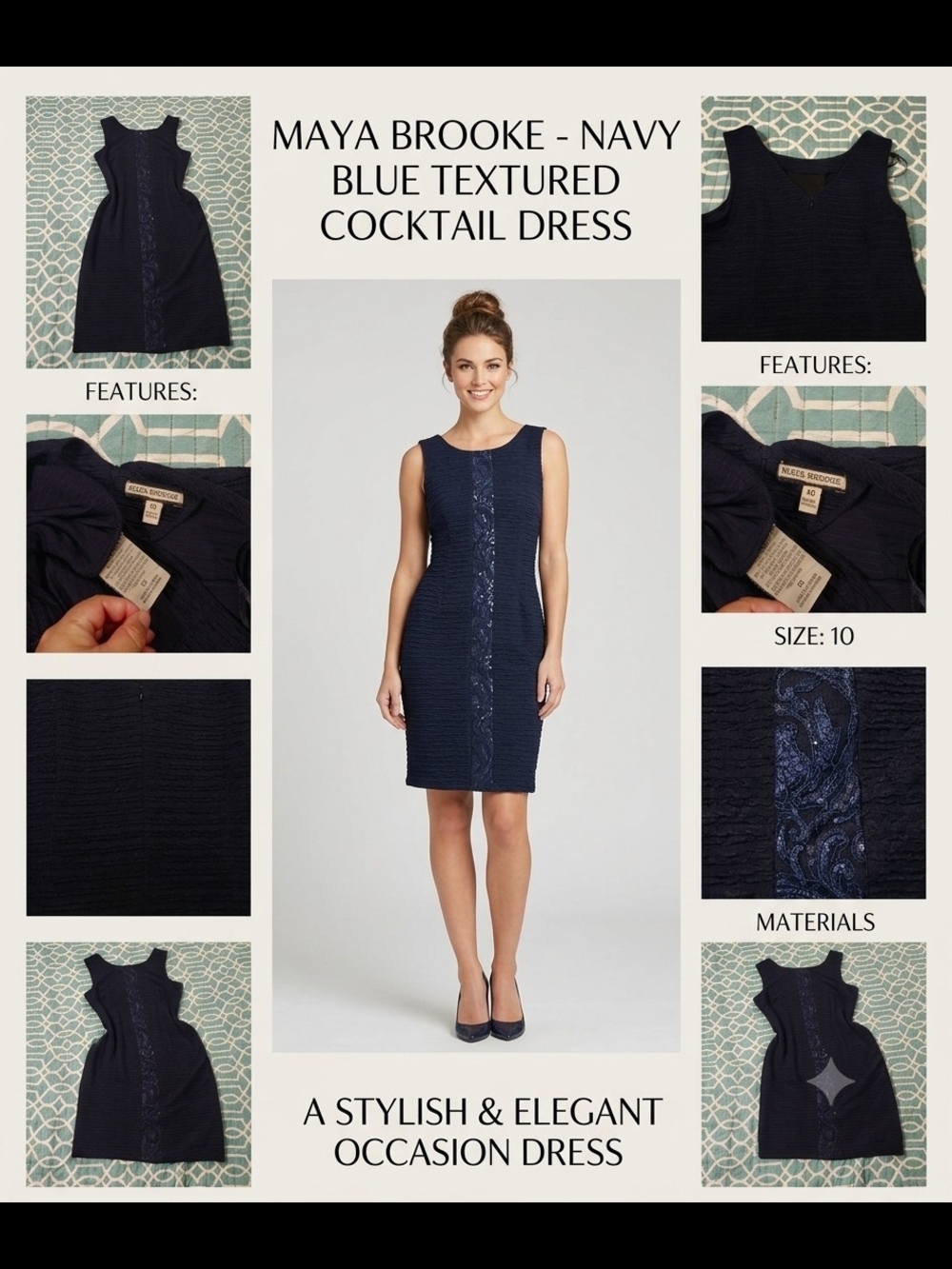 Maya Brooke Navy Textured Midi Dress with Center Embellishment